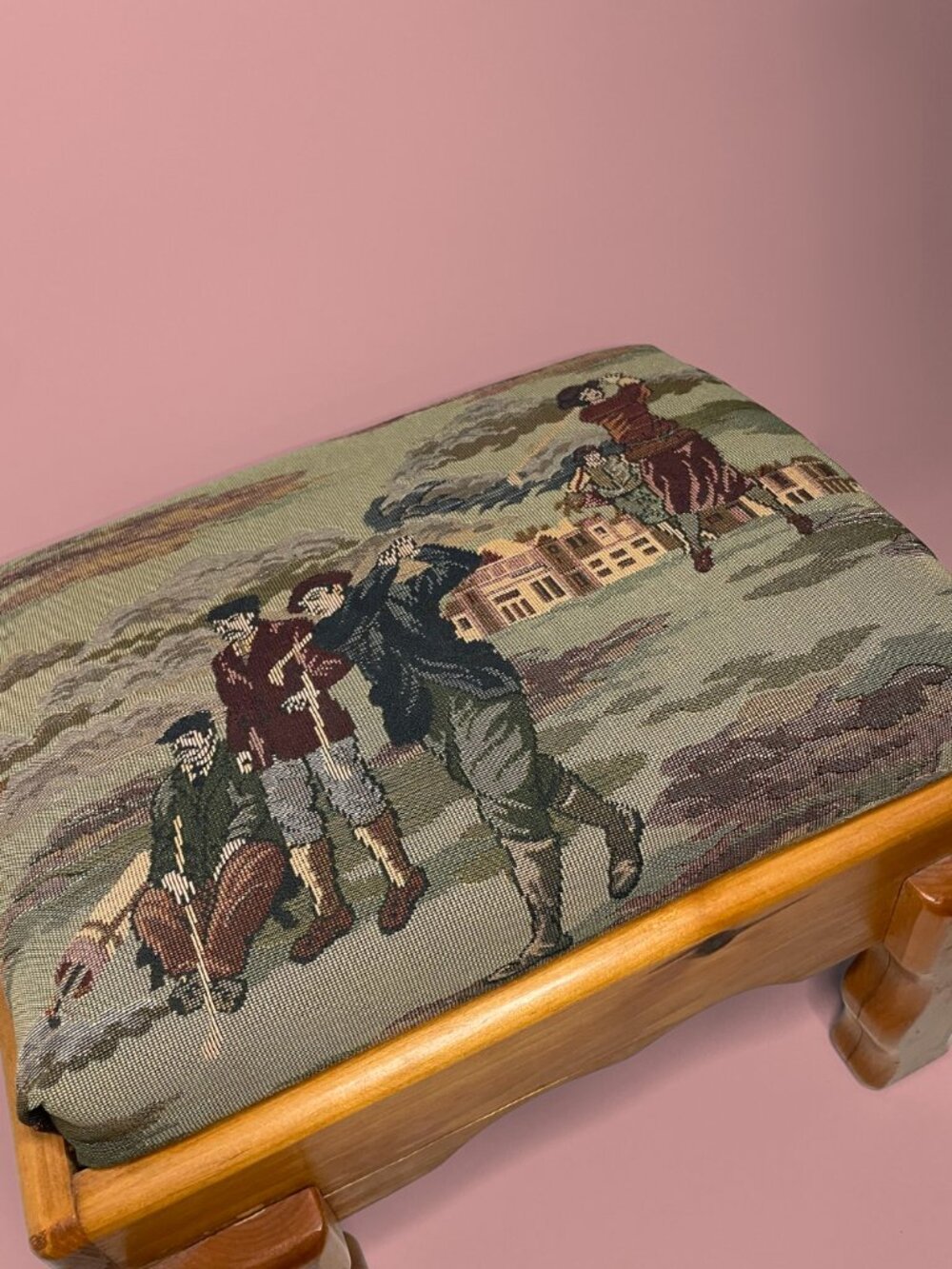 Vintage Solid Pine Footstool - Scottish Golf Scene Tapestry Upholstered Footrest